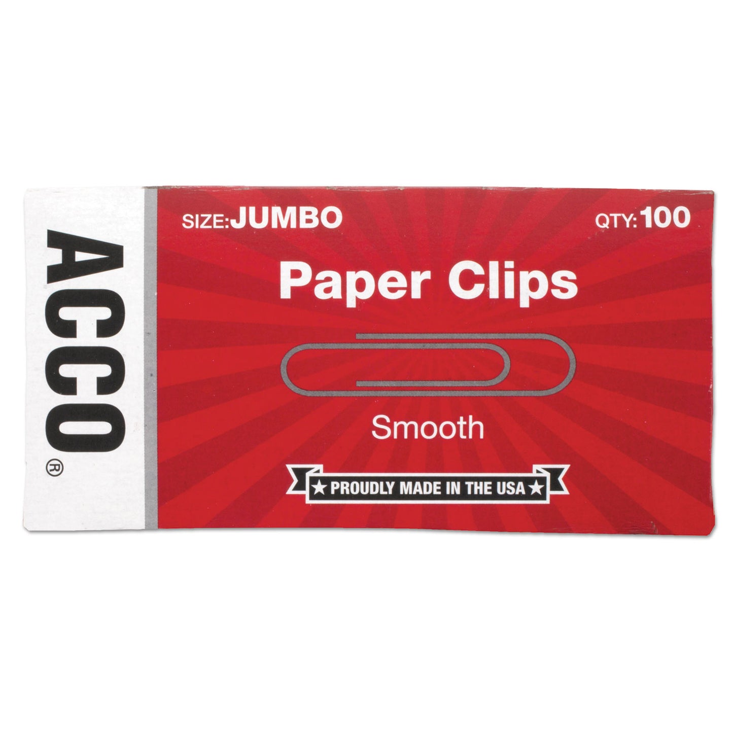 Acco Paper Clips, Jumbo, Smooth, Silver, 100 Clips/Box, 10 Boxes/Pack (72580)