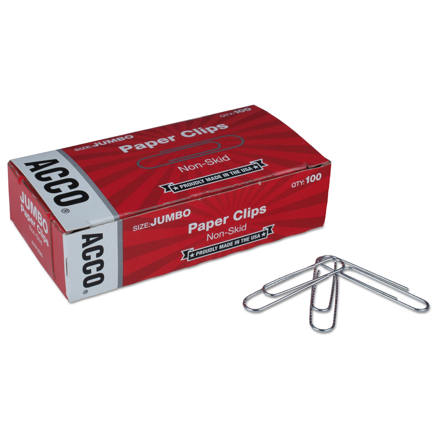 Acco Paper Clips, Jumbo, Nonskid, Silver, 100 Clips/Box, 10 Boxes/Pack (72585)