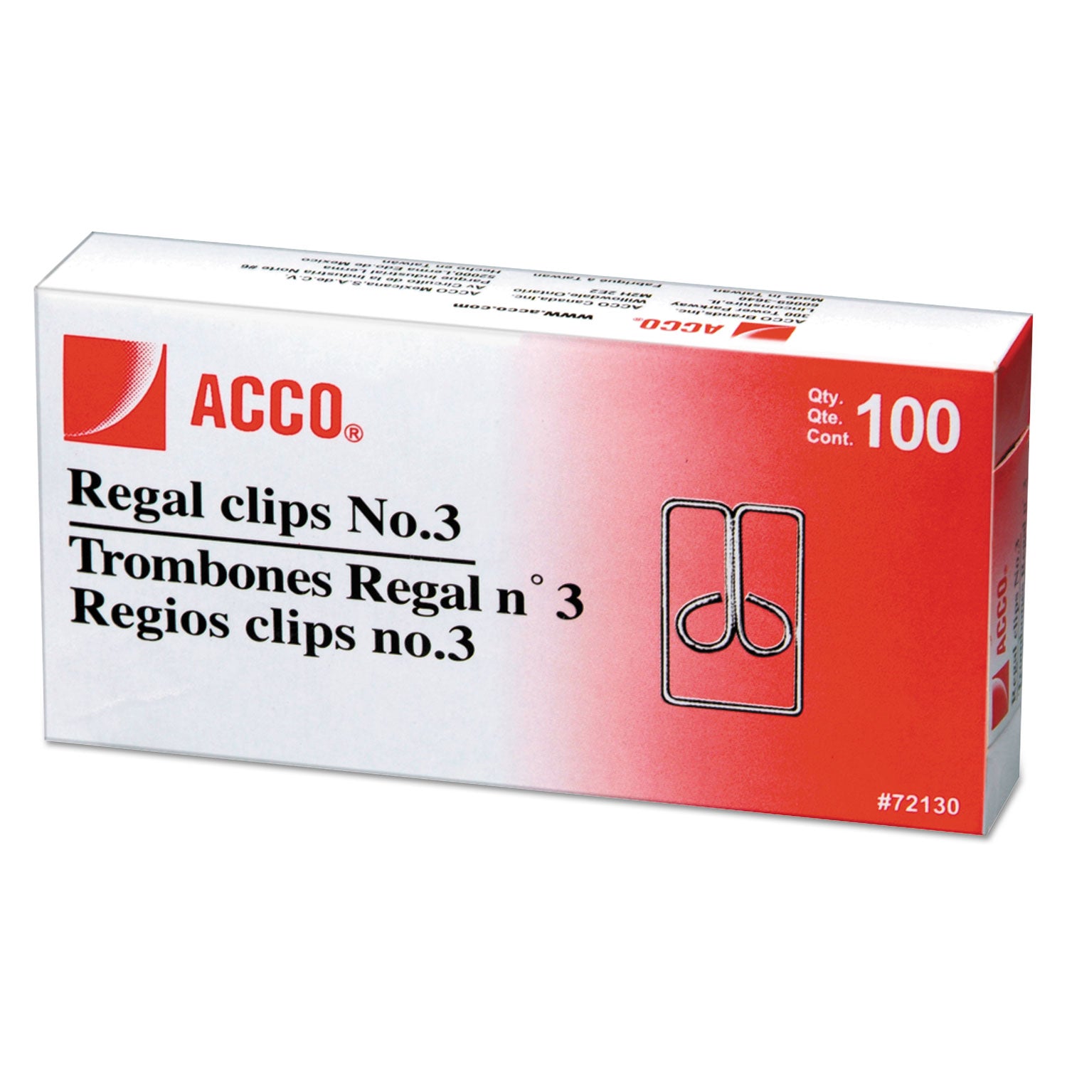 Acco Regal Clips, #3, Smooth, Silver, 100/Box (72130)