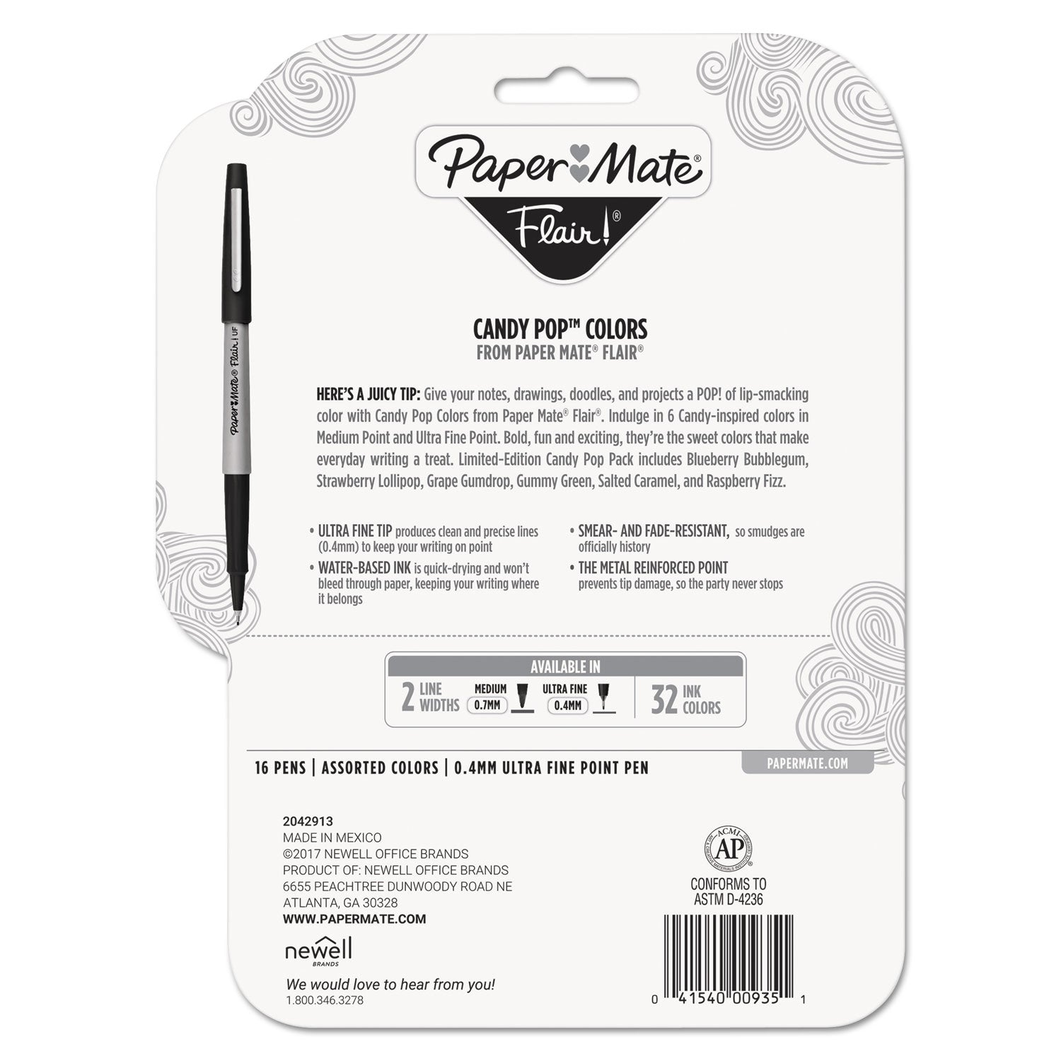 Paper Mate Flair Felt Tip Porous Point Pen, Stick, Extra-Fine 0.4 mm, Assorted Ink Colors, Gray Barrel, 16/Pack (2027233)