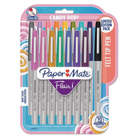 Paper Mate Flair Felt Tip Porous Point Pen, Stick, Extra-Fine 0.4 mm, Assorted Ink Colors, Gray Barrel, 16/Pack (2027233)