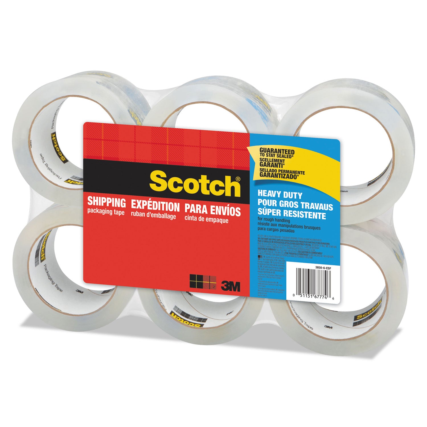 Scotch 3850 Heavy-Duty Packaging Tape, 3" Core, 1.88" x 54.6 yds, Clear, 6/Pack (38506)