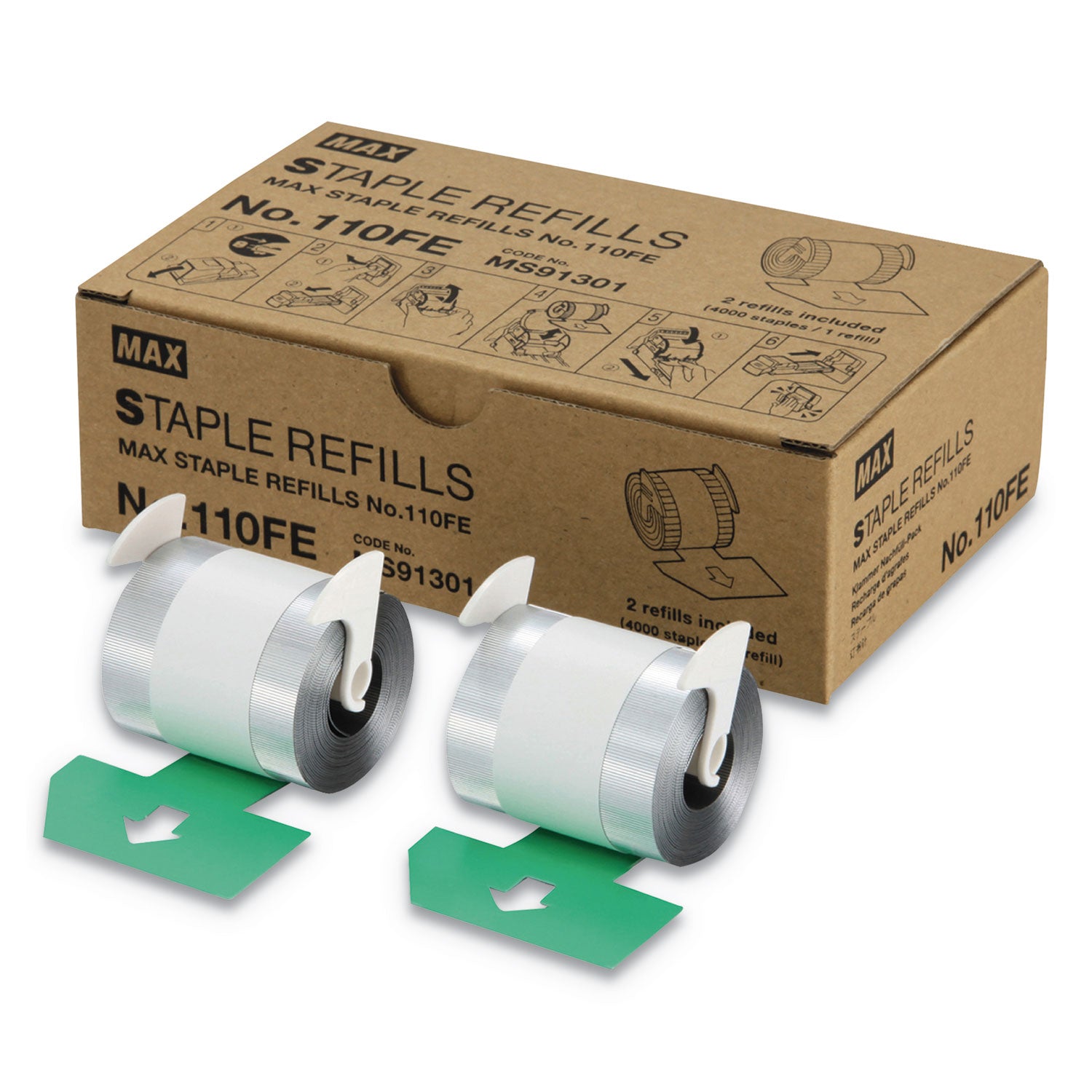 Max Staple Refills No.110FE, 0.56" Leg, 0.5" Crown, Silver, 4,000/Cartridge, 2 Cartridges/Box, 8,000/Box (NO110FE)