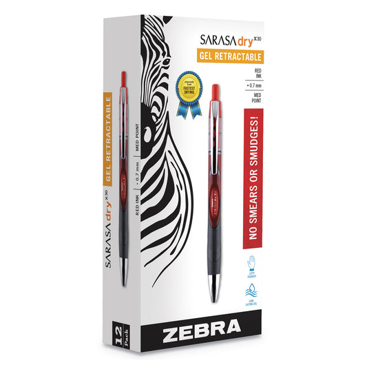 Zebra Sarasa Dry Gel X30 Gel Pen, Retractable, Medium 0.7 mm, Red Ink, Red/Black/Silver Barrel, 12/Pack (47130)