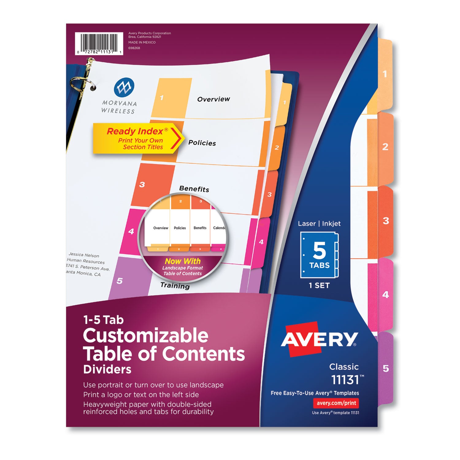 Avery Customizable TOC Ready Index Multicolor Tab Dividers, 5-Tab, 1 to 5, 11 x 8.5, White, Traditional Color Tabs, 1 Set (11131)