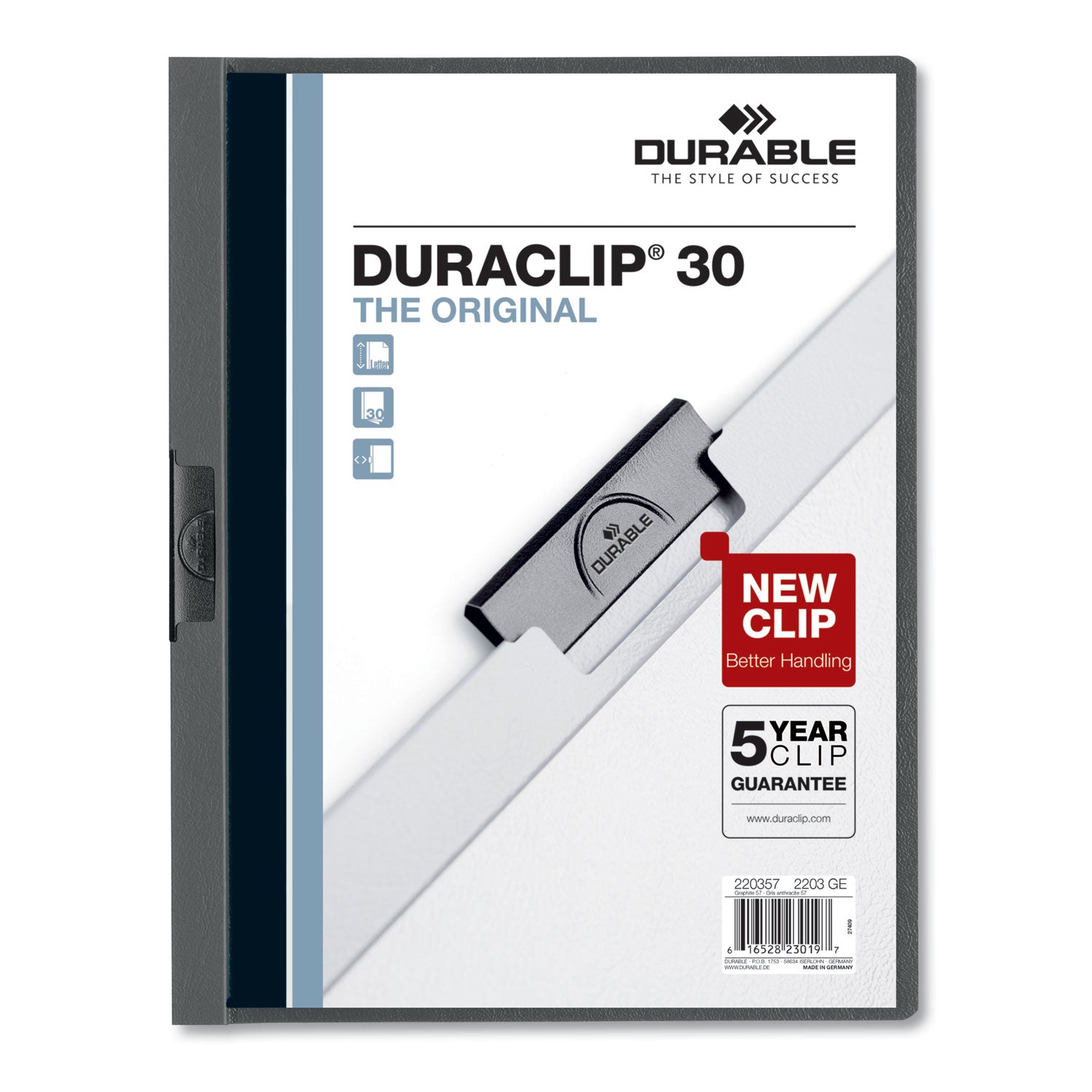 Durable DuraClip Report Cover, Clip Fastener, 8.5 x 11,  Clear/Graphite, 25/Box (220357)