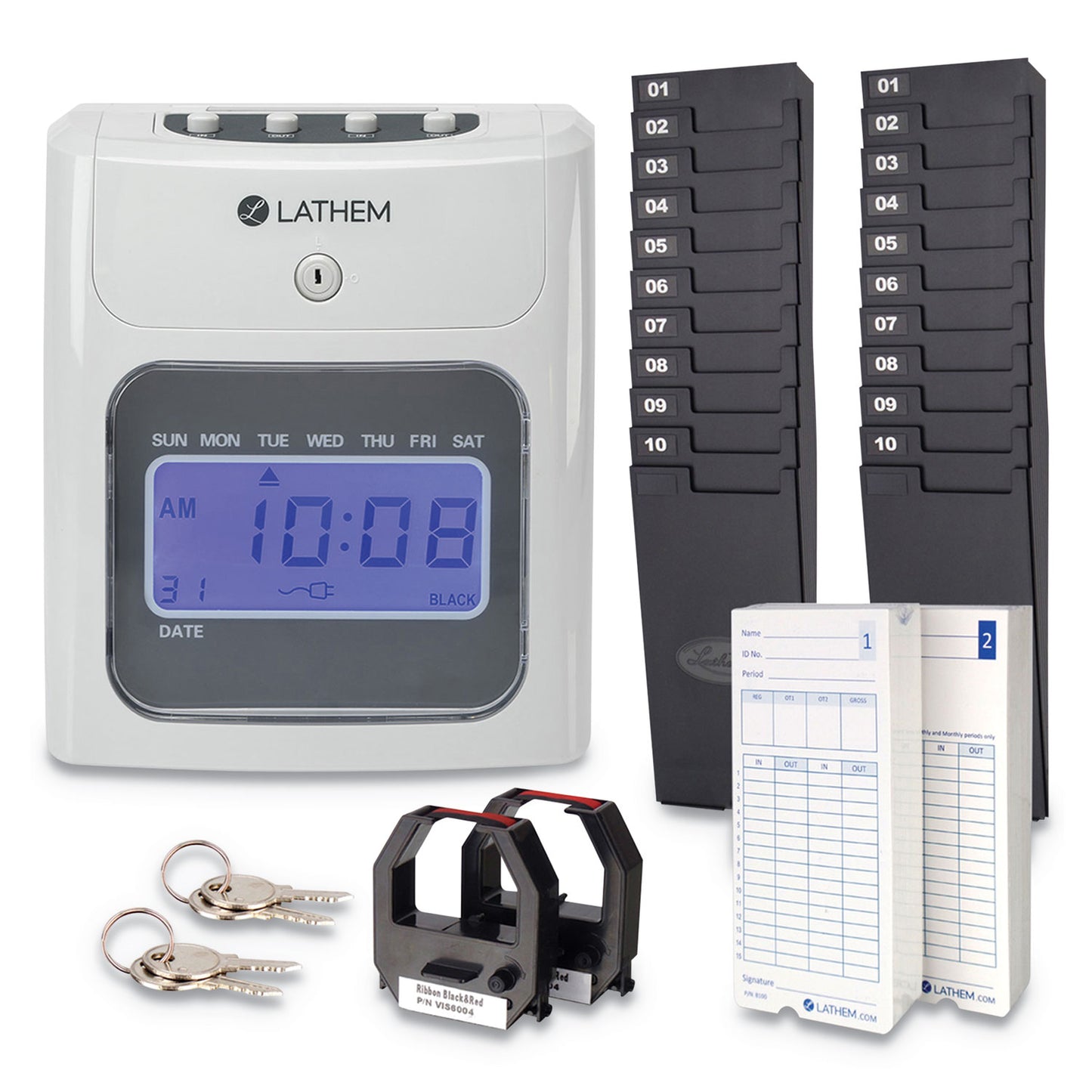 Lathem 400E Top-Feed Time Clock Bundle, Digital Display, White (400EKIT)