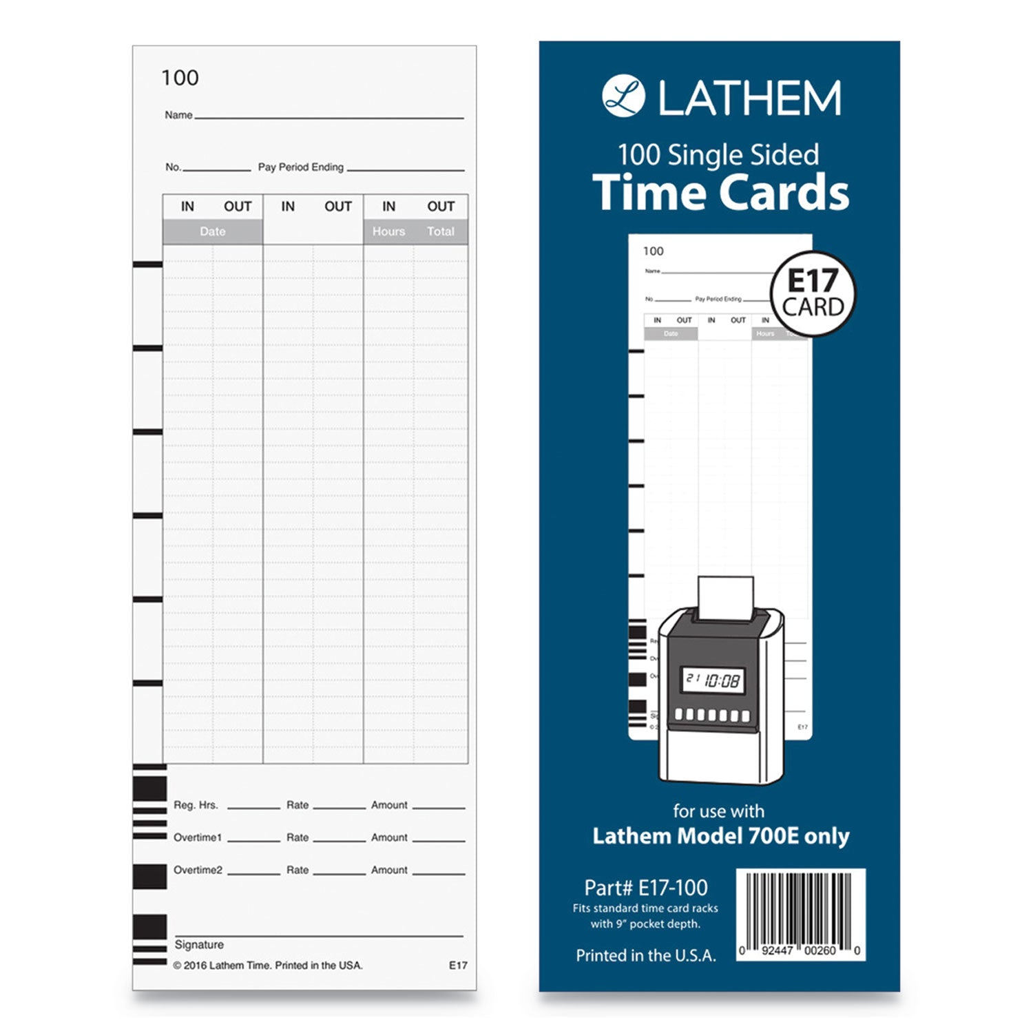 Time Clock Cards for Lathem Time 700E, One Side, 3.5 x 9, 100/Pack (E17100)