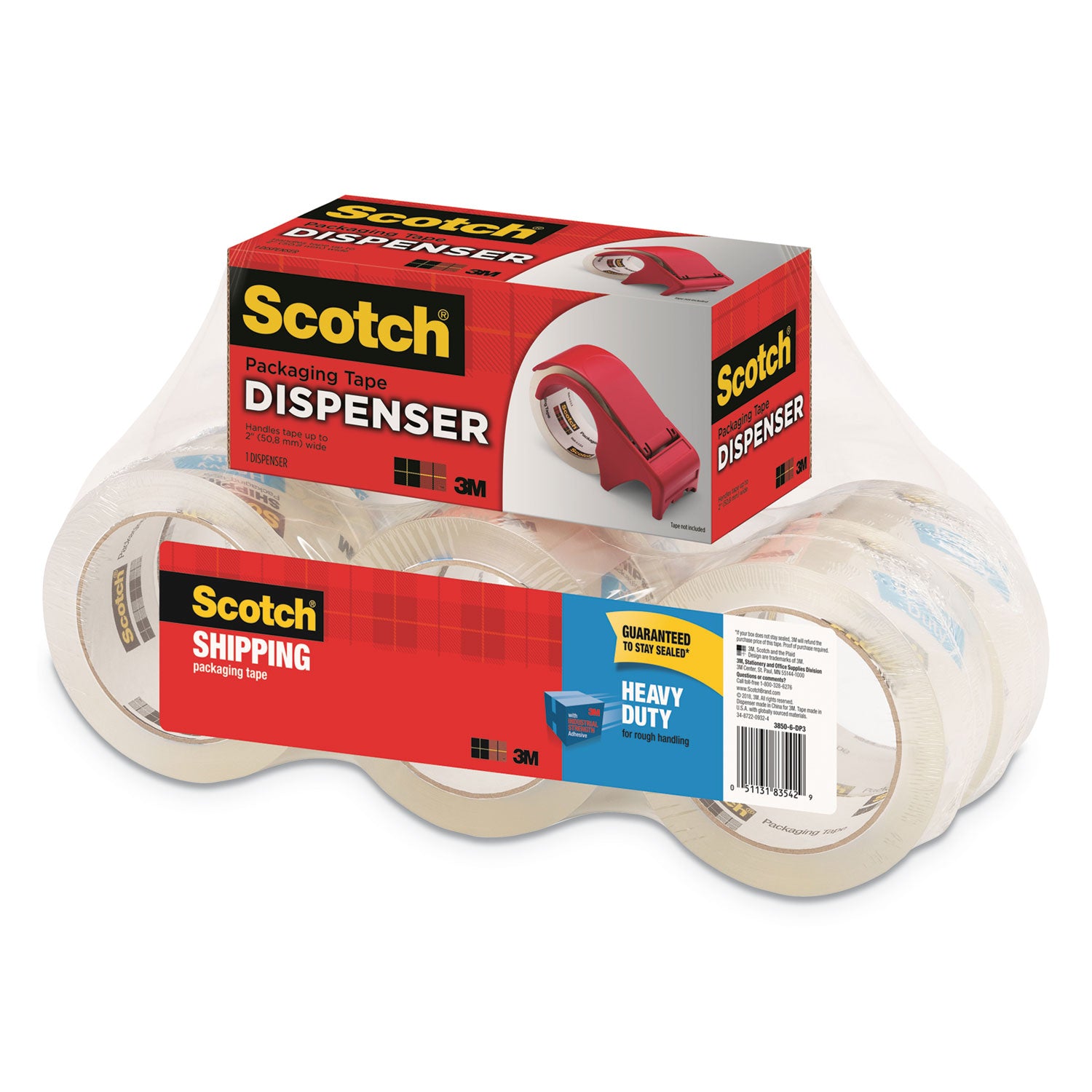 Scotch 3850 Heavy-Duty Packaging Tape with DP300 Dispenser, 3" Core, 1.88" x 54.6 yds, Clear, 6/Pack (38506DP3)