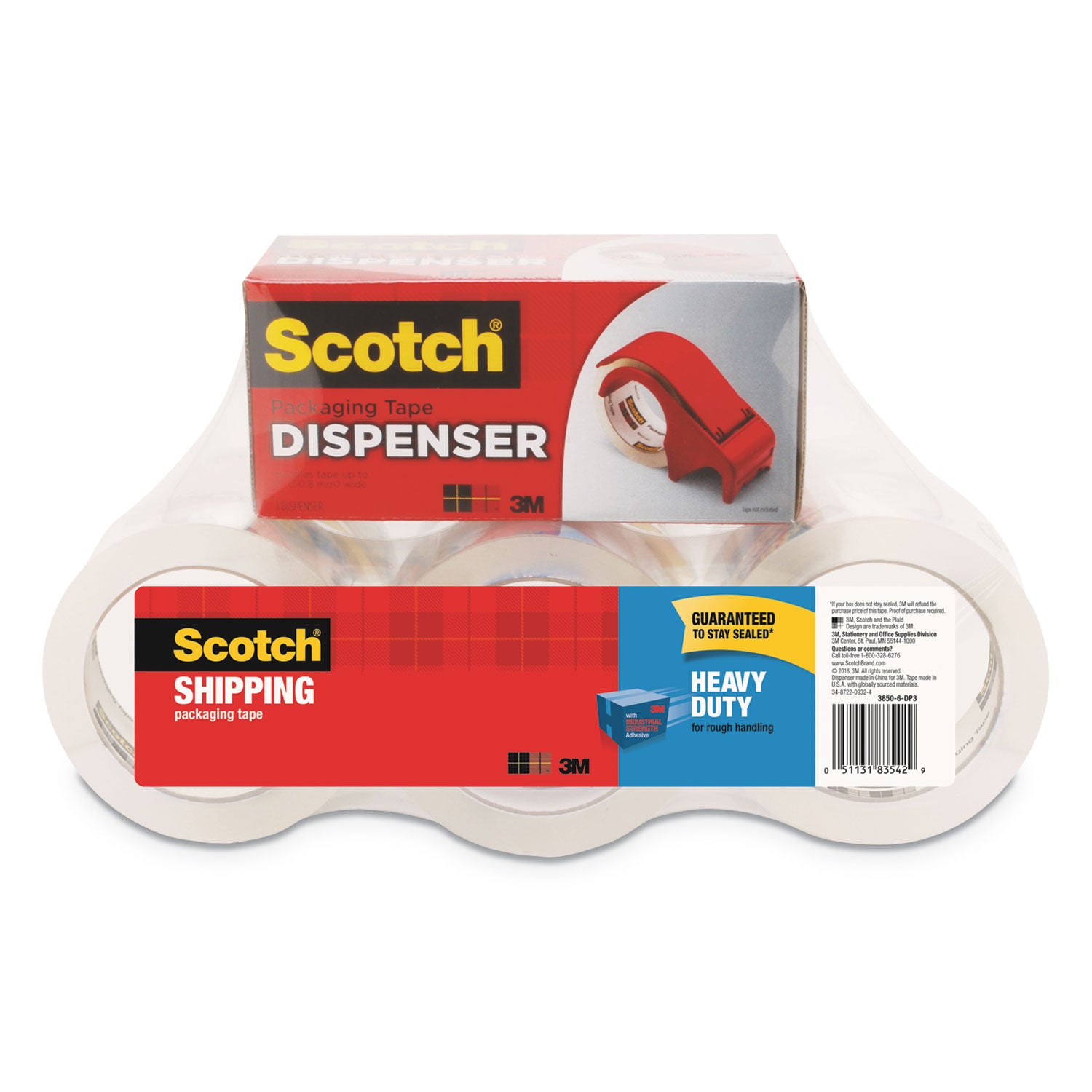 Scotch 3850 Heavy-Duty Packaging Tape with DP300 Dispenser, 3" Core, 1.88" x 54.6 yds, Clear, 6/Pack (38506DP3)