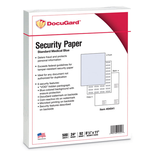 DocuGard Medical Security Papers, 24 lb Bond Weight, 8.5 x 11, Blue, 500/Ream (04541)