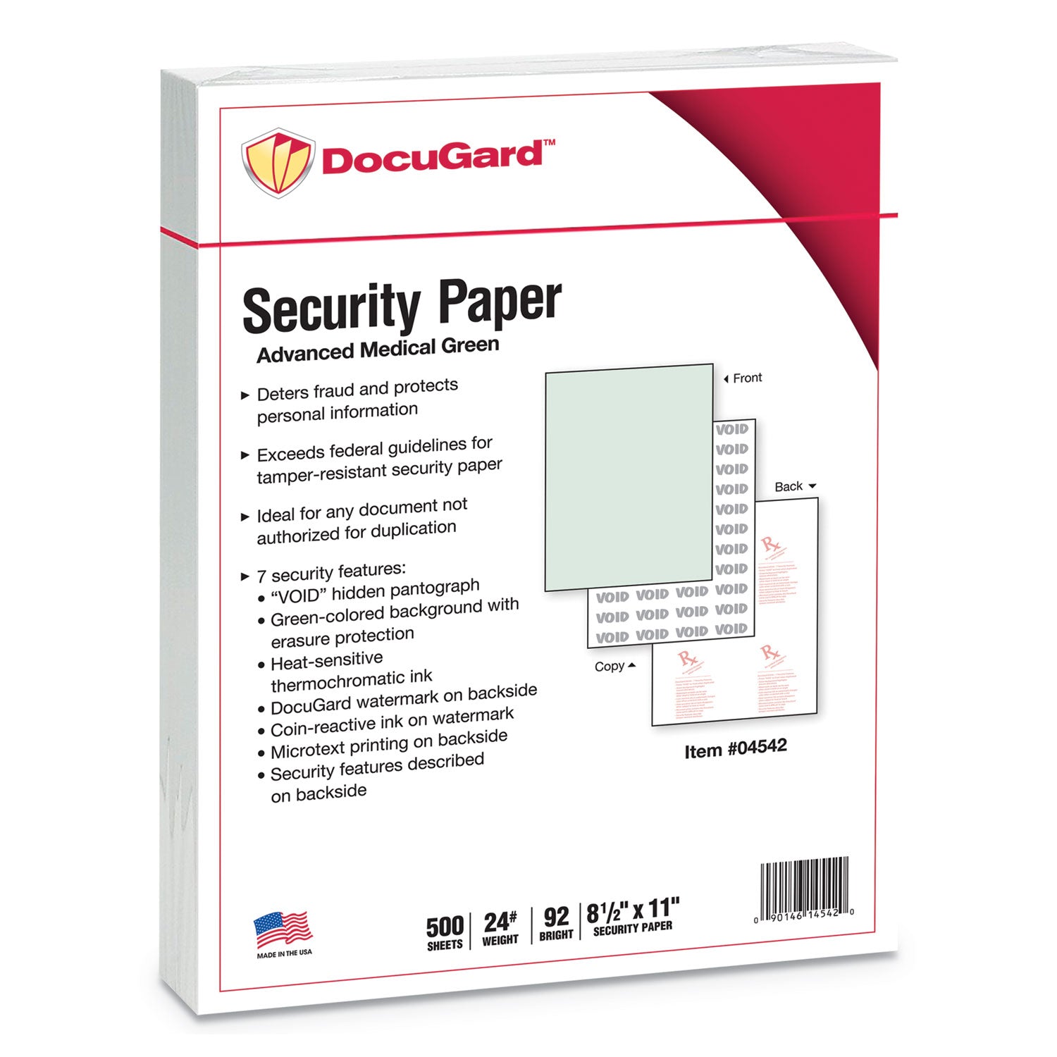 DocuGard Medical Security Papers, 24 lb Bond Weight, 8.5 x 11, Green, 500/Ream (04542)