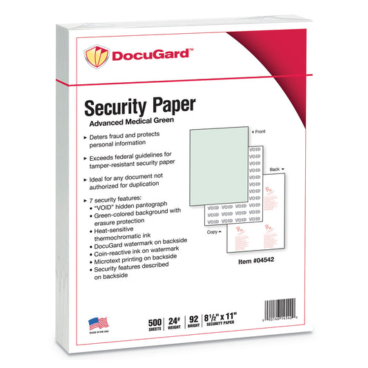 DocuGard Medical Security Papers, 24 lb Bond Weight, 8.5 x 11, Green, 500/Ream (04542)