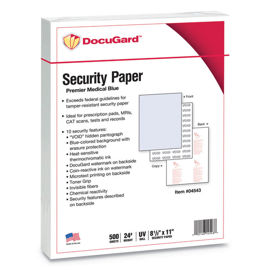 DocuGard Medical Security Papers, 24 lb Bond Weight, 8.5 x 11, Blue, 500/Ream (04543)