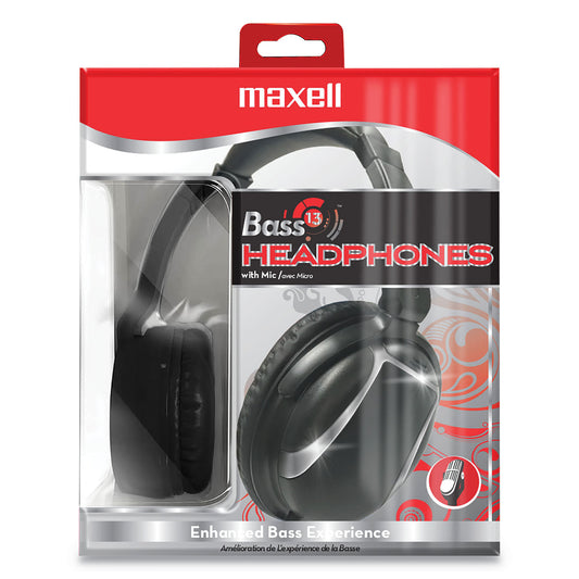 Maxell Bass 13 Headphone with Mic, 4 ft Cord, Black (199840)