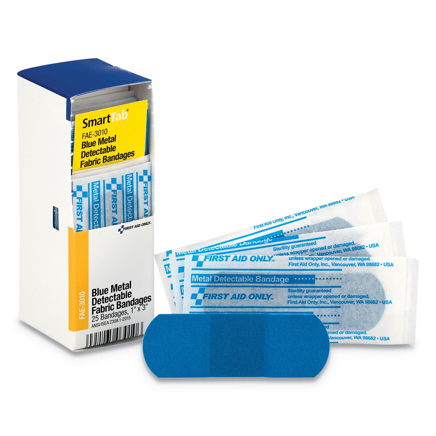 First Aid Only Refill for SmartCompliance General Cabinet, Blue Metal Detectable Bandages,1 x 3, 25/Box (FAE3010)