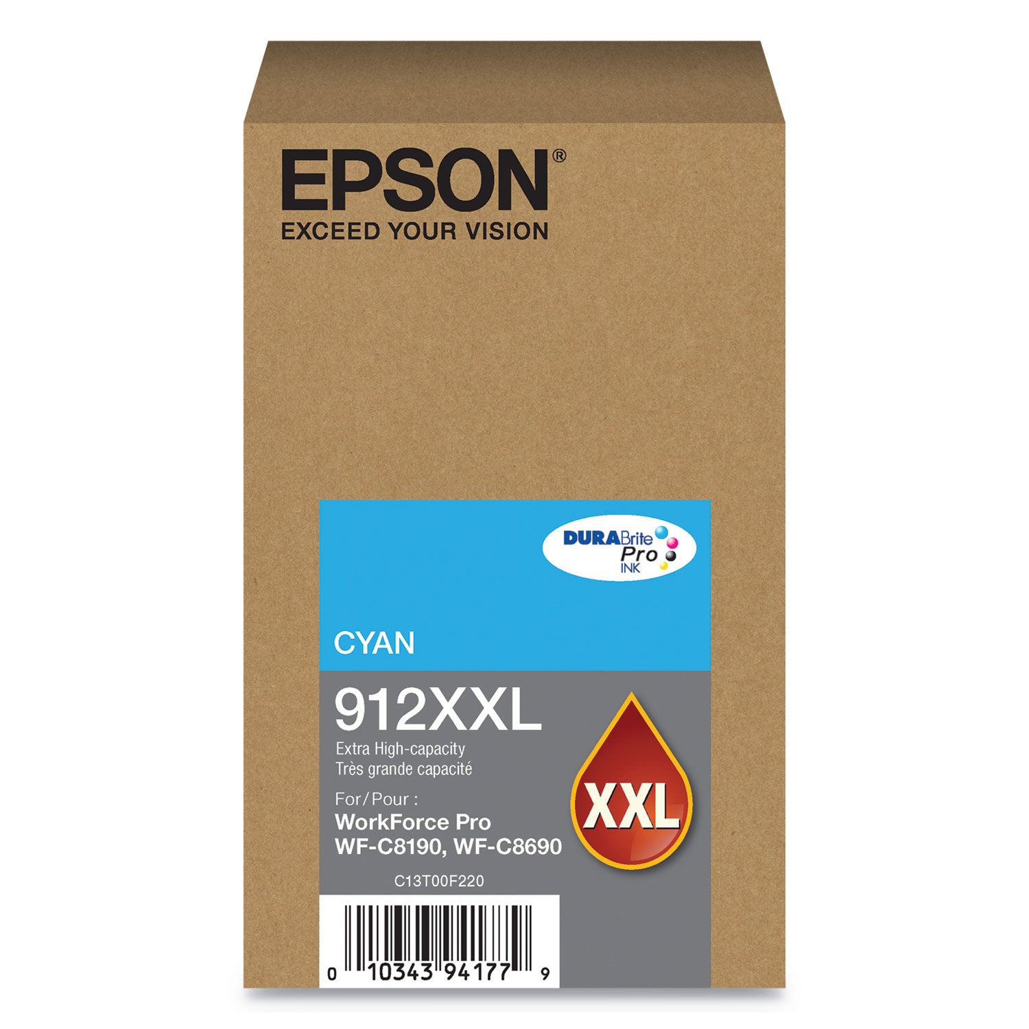Epson T912XXL220 (912XXL) DURABrite Pro Extra High-Yield Ink, 8000 Page-Yield, Cyan