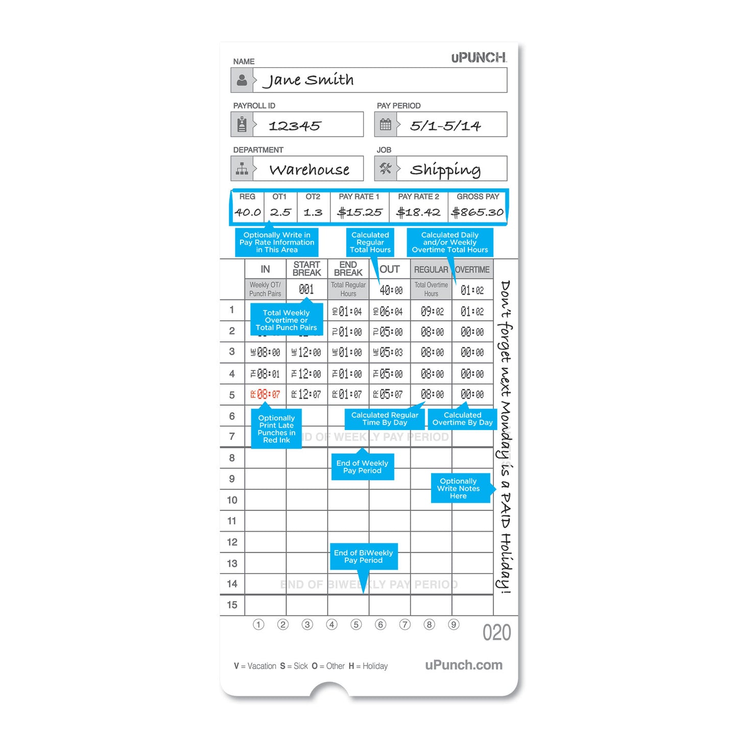 Time Clock Cards for uPunch HN2000/HN4000/HN4600, Two Sides, 7.5 x 3.5, 100/Pack (HNTCL2100)
