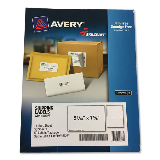 AbilityOne 7530016736511, SKILCRAFT Shipping Label with Paper Receipt, Laser Printers, 5.06 x 7.63, White, 50/Pack