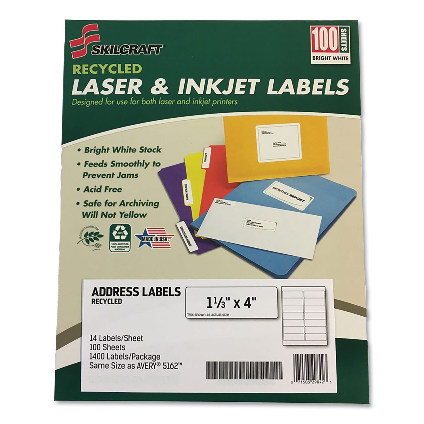 AbilityOne 7530016736513, SKILCRAFT Recycled Laser and Inkjet Labels, Inkjet/Laser Printers, 1.33 x 4, White, 14/Sheet, 100 Sheets/Box