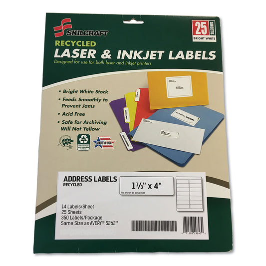 AbilityOne 7530016736514, SKILCRAFT Recycled Laser and Inkjet Labels, Inkjet/Laser Printers, 1.33 x 4, White, 14/Sheet, 25 Sheets/Pack