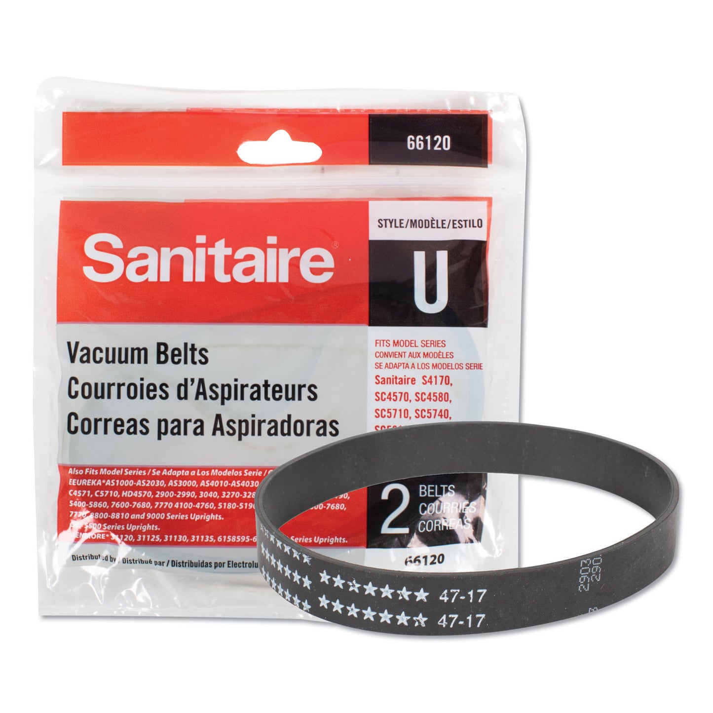 Sanitaire Replacement Belt for Upright Vacuum Cleaner, Flat U Style, 2/Pack (66120)