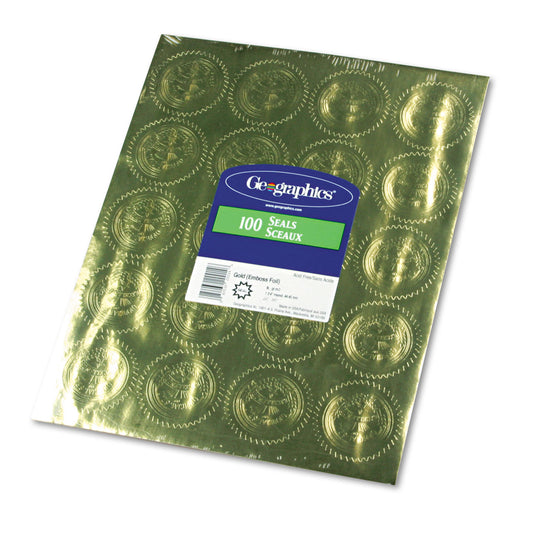 Geographics Self-Adhesive Embossed Seals, 2" dia, Gold, 20/Sheet, 5 Sheets/Pack (20014)