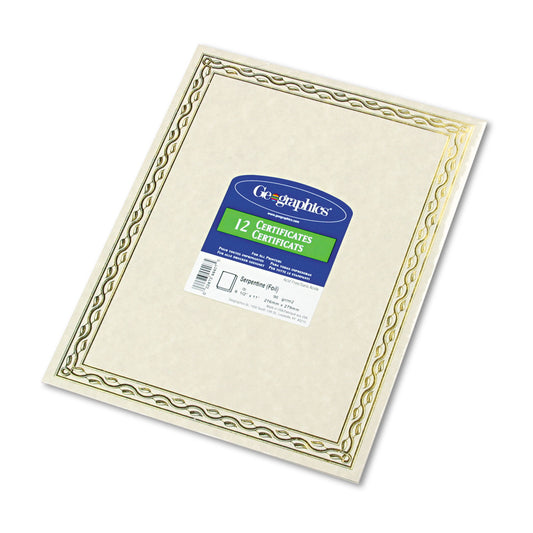 Geographics Foil Stamped Award Certificates, 8.5 x 11, Gold Serpentine with White Border, 12/Pack (44407)