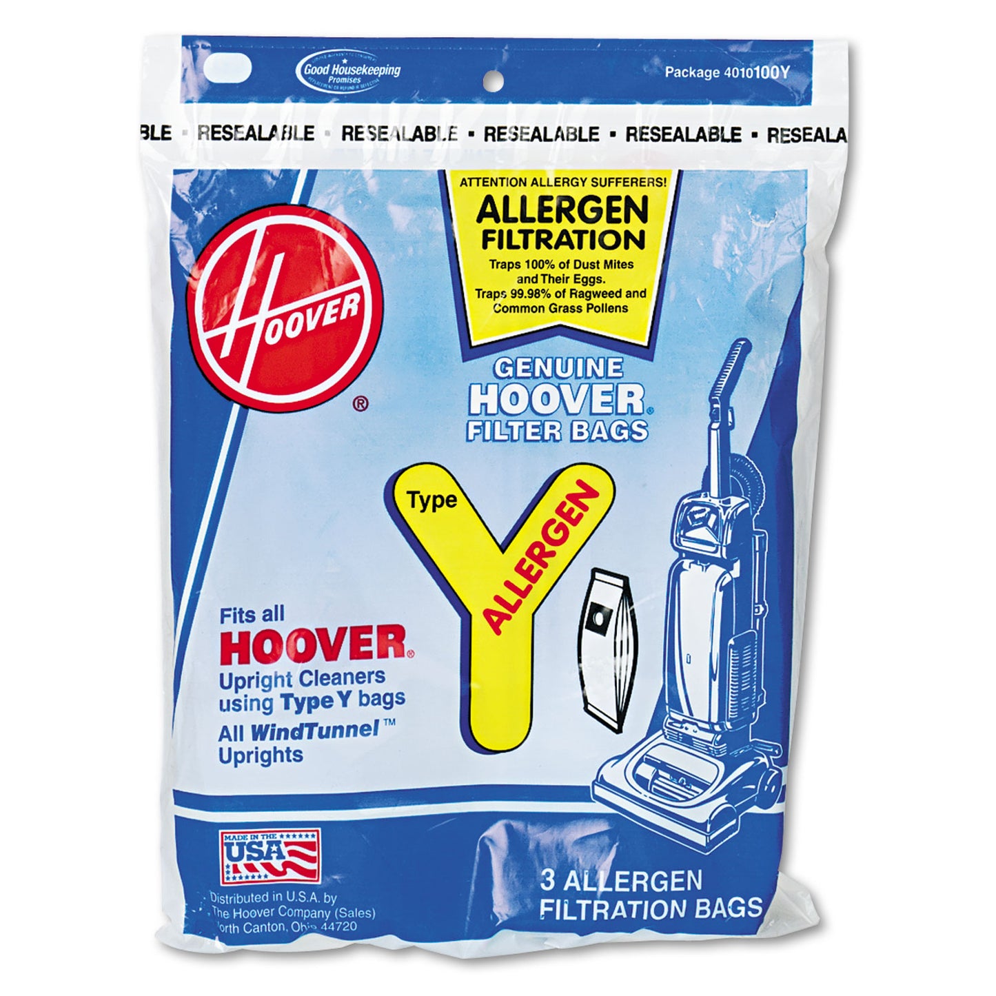 Hoover Disposable Allergen Filtration Bags for Commercial WindTunnel Vacuum, 3/Pack (4010100Y)