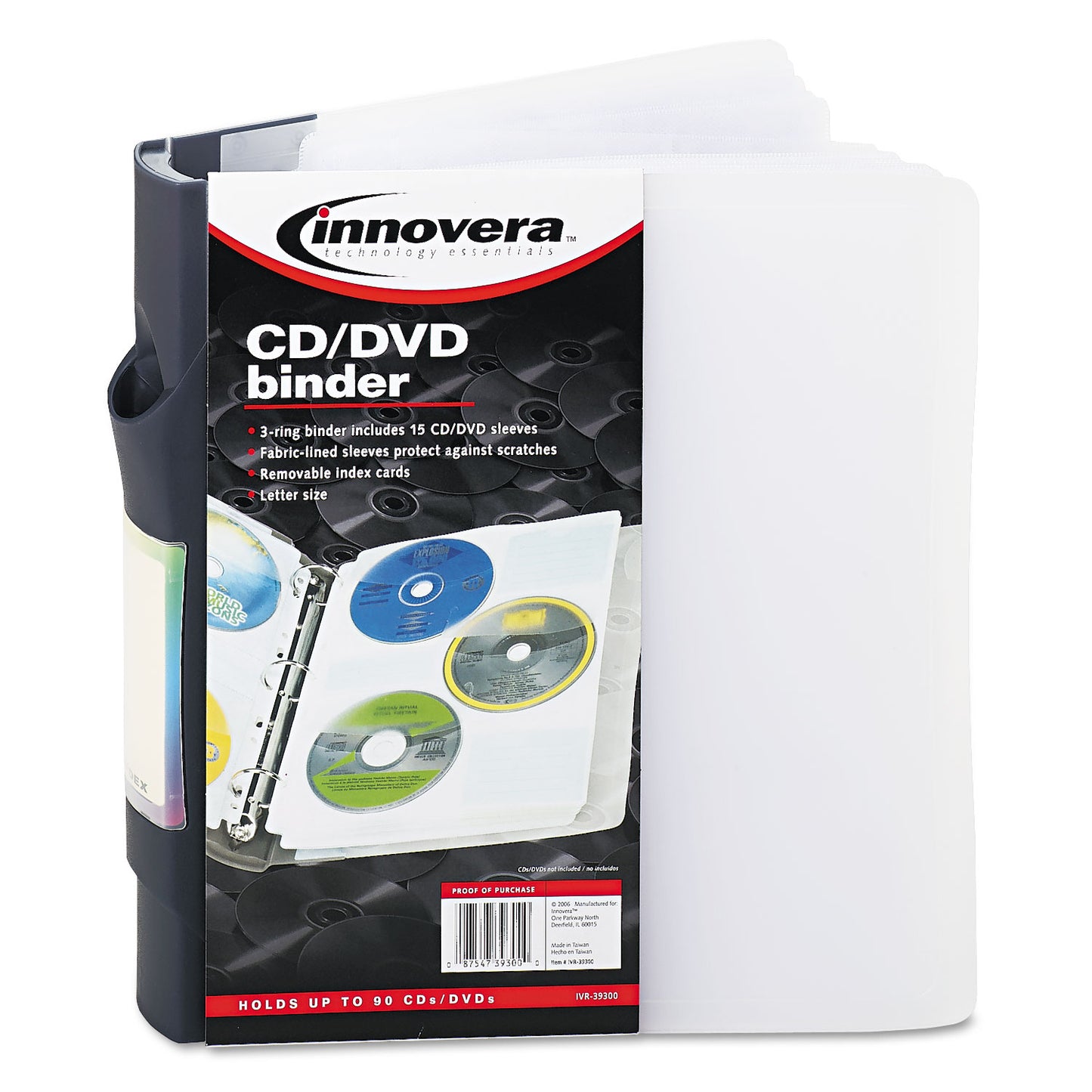 Innovera CD/DVD Three-Ring Refillable Binder, Holds 90 Discs, Midnight Blue/Clear (39300)