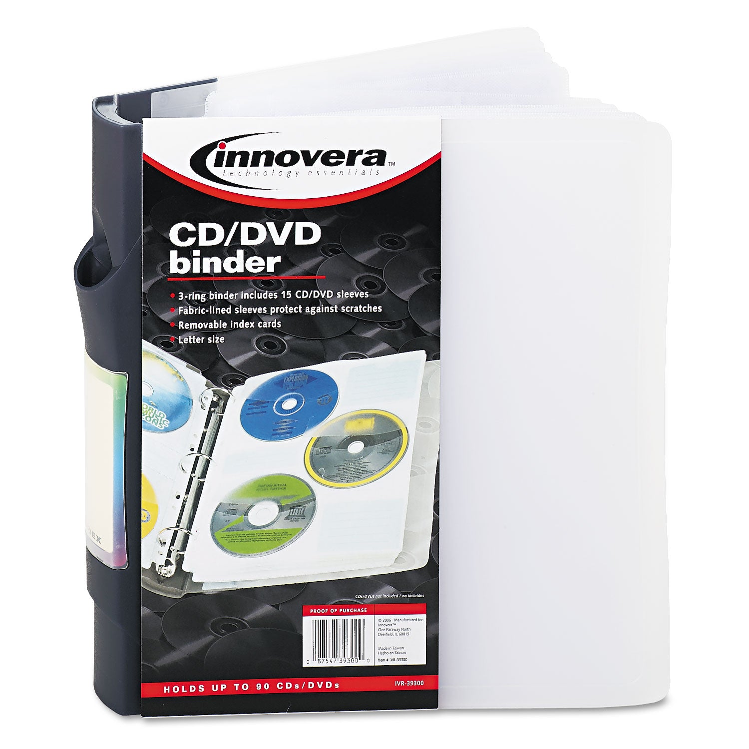 Innovera CD/DVD Three-Ring Refillable Binder, Holds 90 Discs, Midnight Blue/Clear (39300)