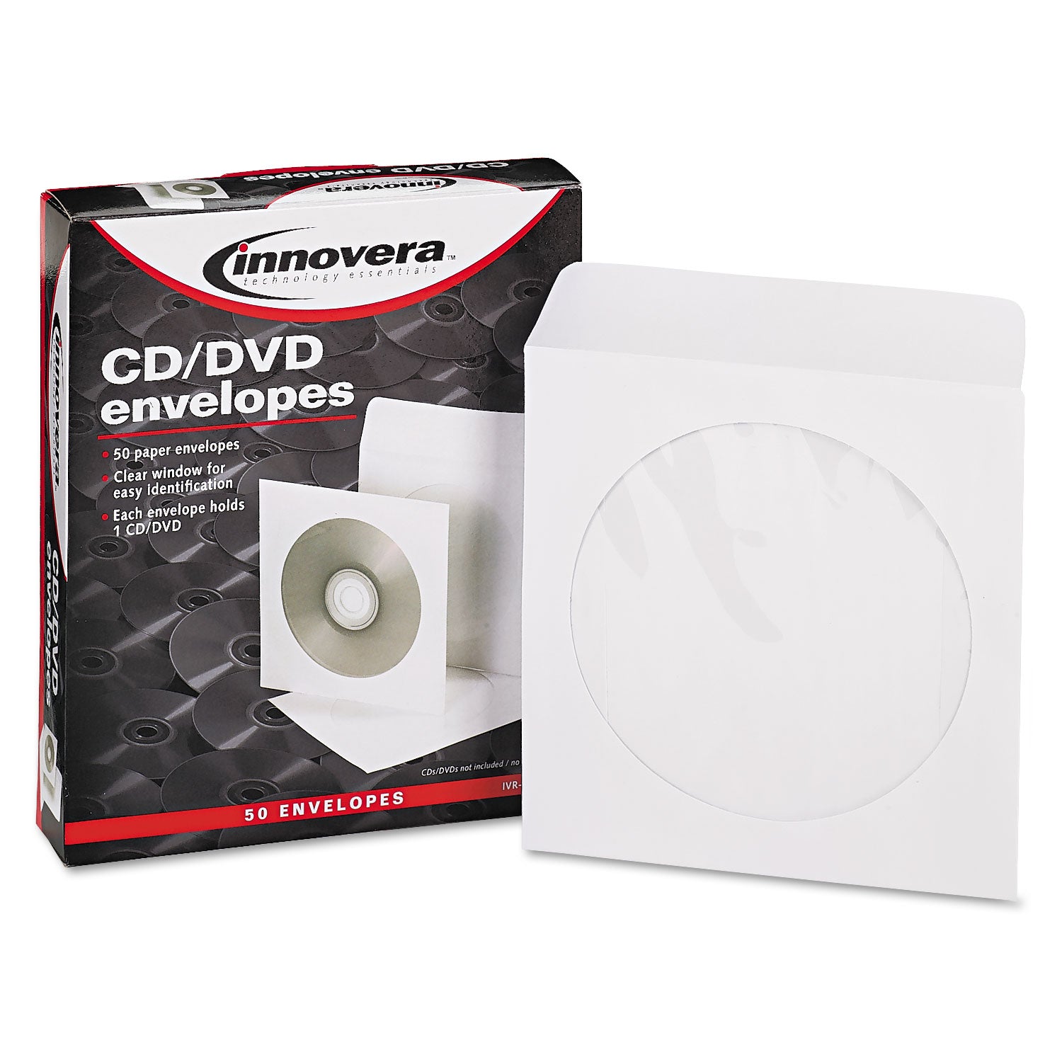 Innovera CD/DVD Envelopes, Clear Window, 1 Disc Capacity, White, 50/Pack (39403)