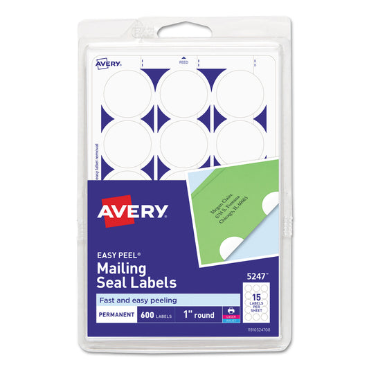 Avery Printable Mailing Seals, 1" dia, White, 15/Sheet, 40 Sheets/Pack, (5247) (05247)