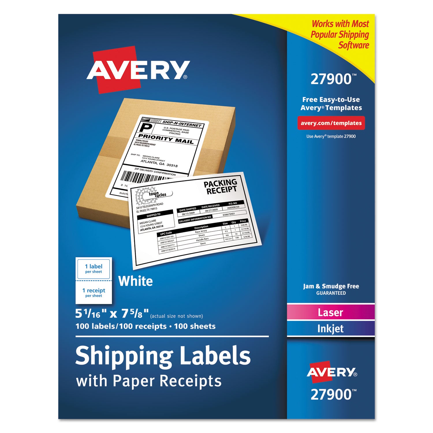 Avery Shipping Labels with Paper Receipt Bulk Pack, Inkjet/Laser Printers, 5.06 x 7.63, White, 100/Box (27900)