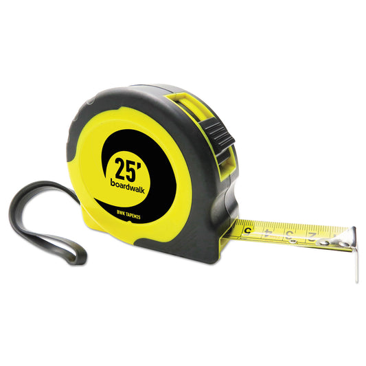 Boardwalk Easy Grip Tape Measure, 25 ft, Plastic Case, Black and Yellow, 1/16" Graduations (TAPEM25)