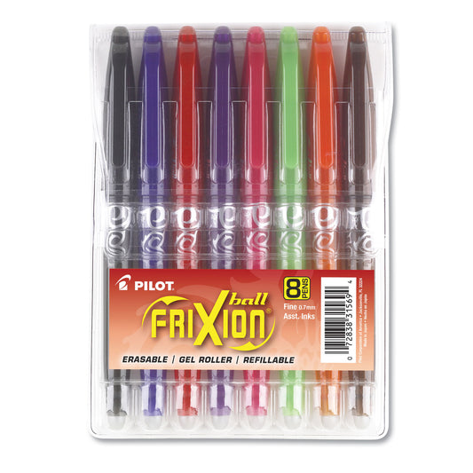 Pilot FriXion Ball Erasable Gel Pen, Stick, Fine 0.7 mm, Assorted Ink and Barrel Colors, 8/Pack (31569)