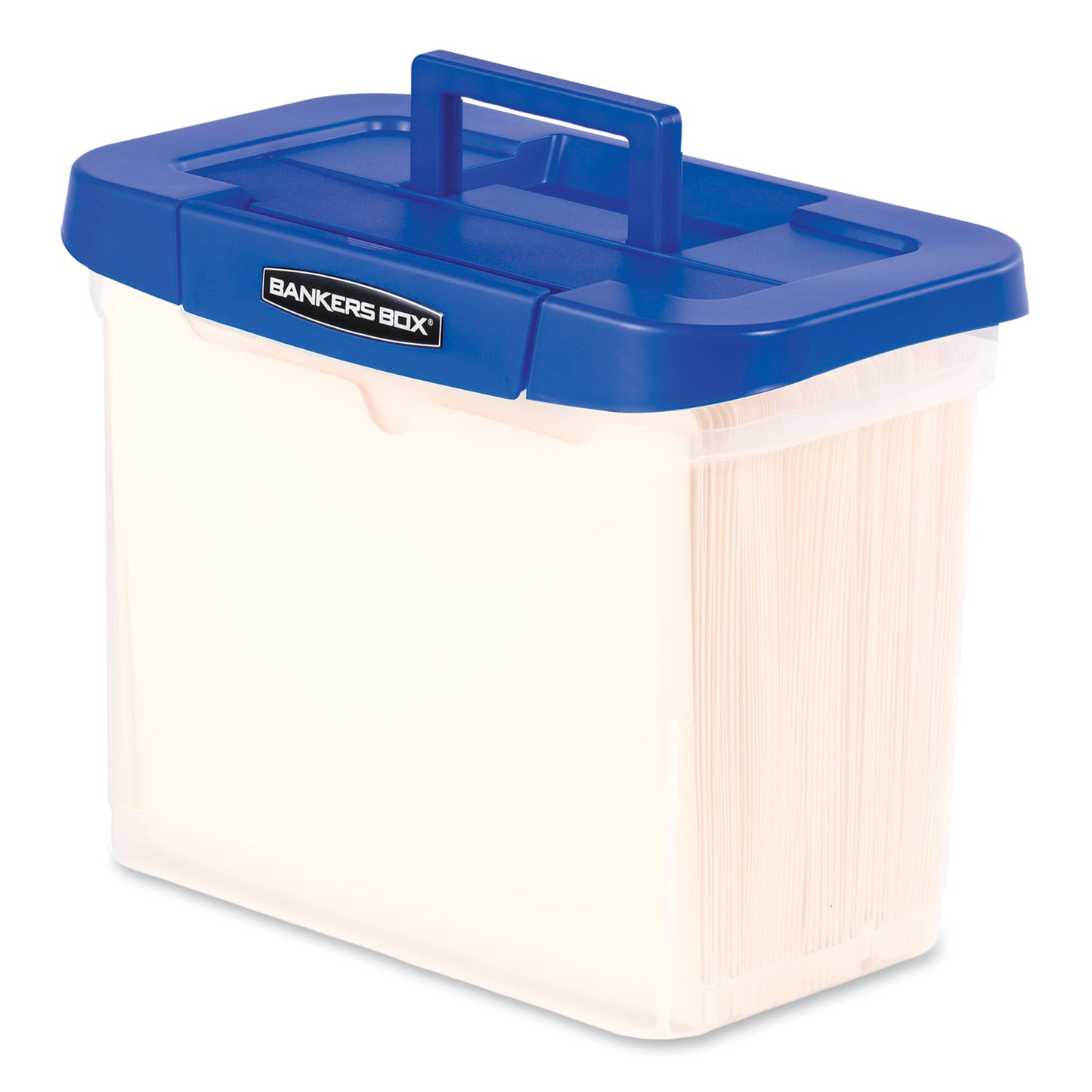 Bankers Box Heavy-Duty Portable File Box, Letter Files, 14.25" x 8.63" x 11.06", Clear/Blue (0086301)