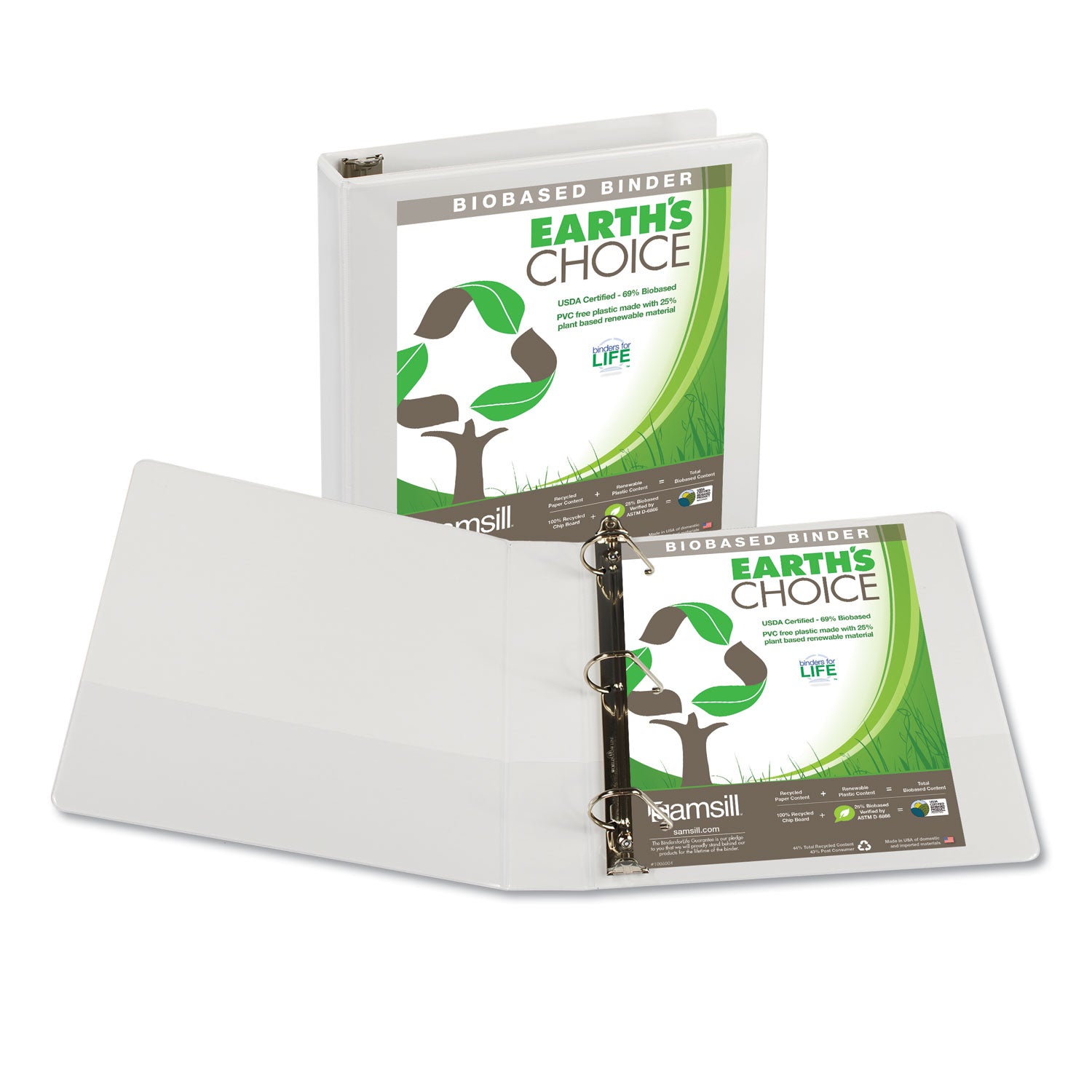 Samsill Earth's Choice Plant-Based D-Ring View Binder, 3 Rings, 1.5" Capacity, 11 x 8.5, White (16957)