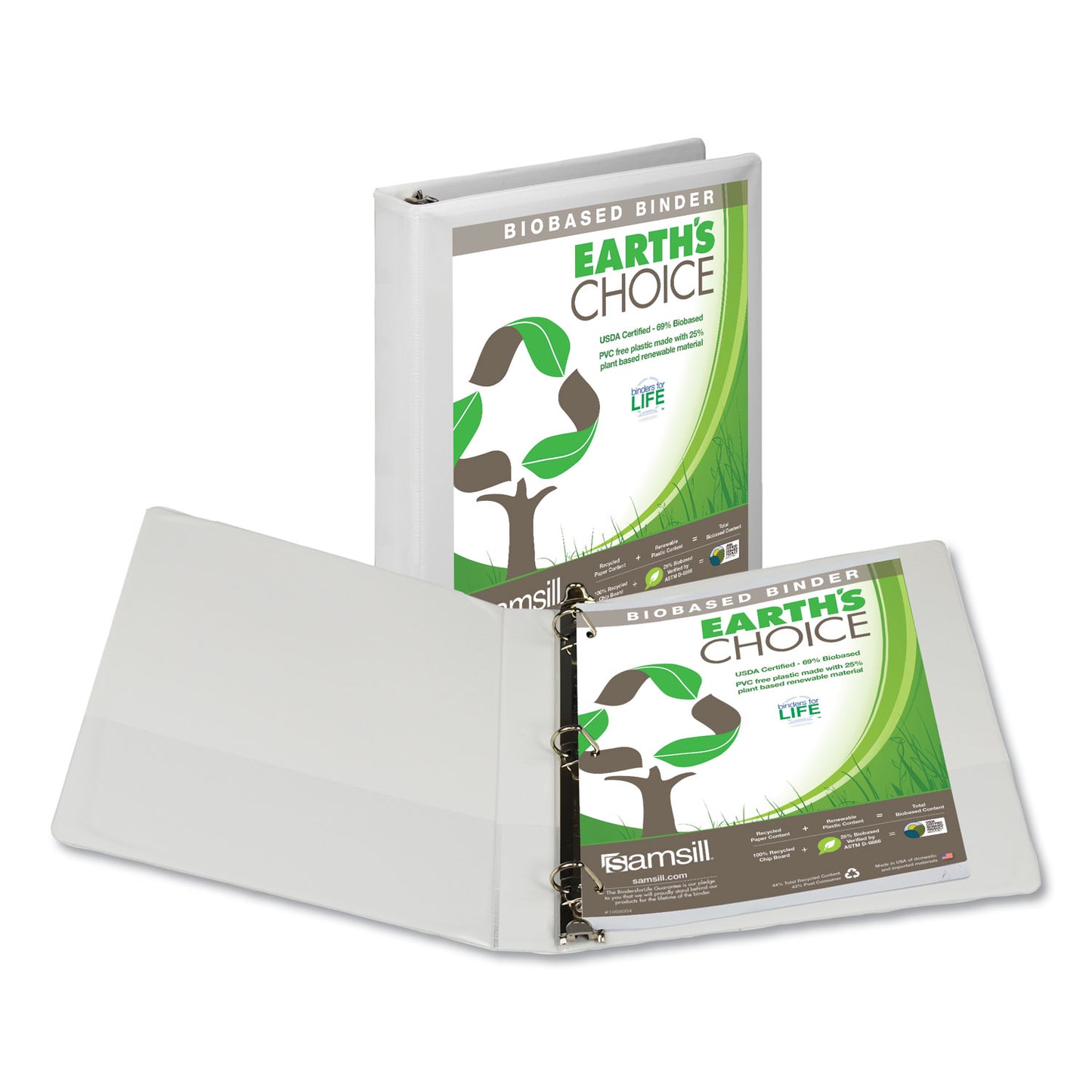 Samsill Earth's Choice Plant-Based D-Ring View Binder, 3 Rings, 1" Capacity, 11 x 8.5, White (16937)