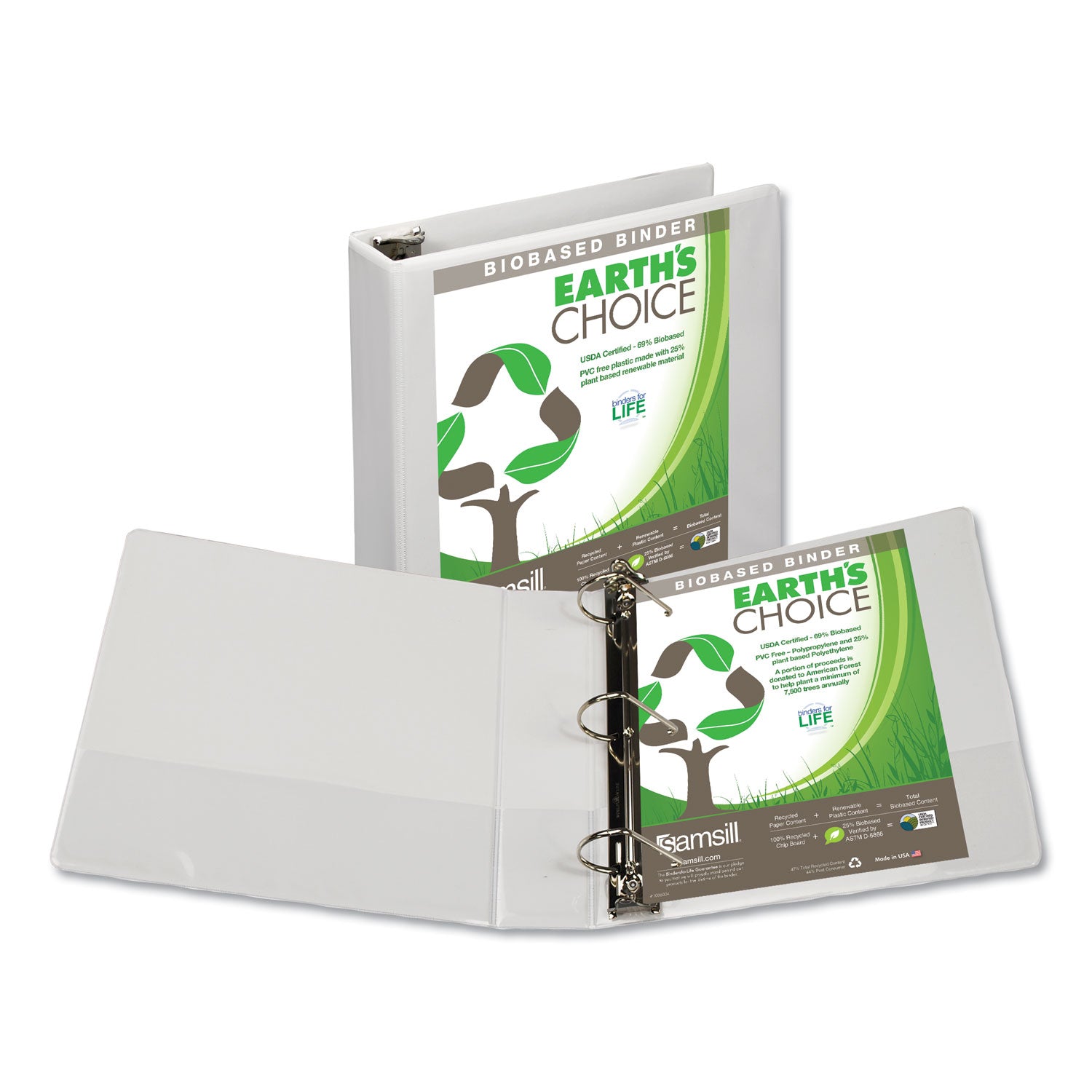 Samsill Earth's Choice Plant-Based D-Ring View Binder, 3 Rings, 2" Capacity, 11 x 8.5, White (16967)