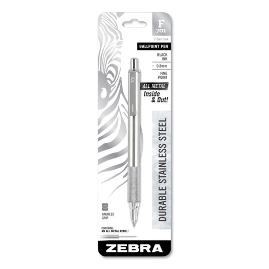 Zebra F-701 Ballpoint Pen, Retractable, Fine 0.7 mm, Black Ink, Stainless Steel/Black Barrel (29411)