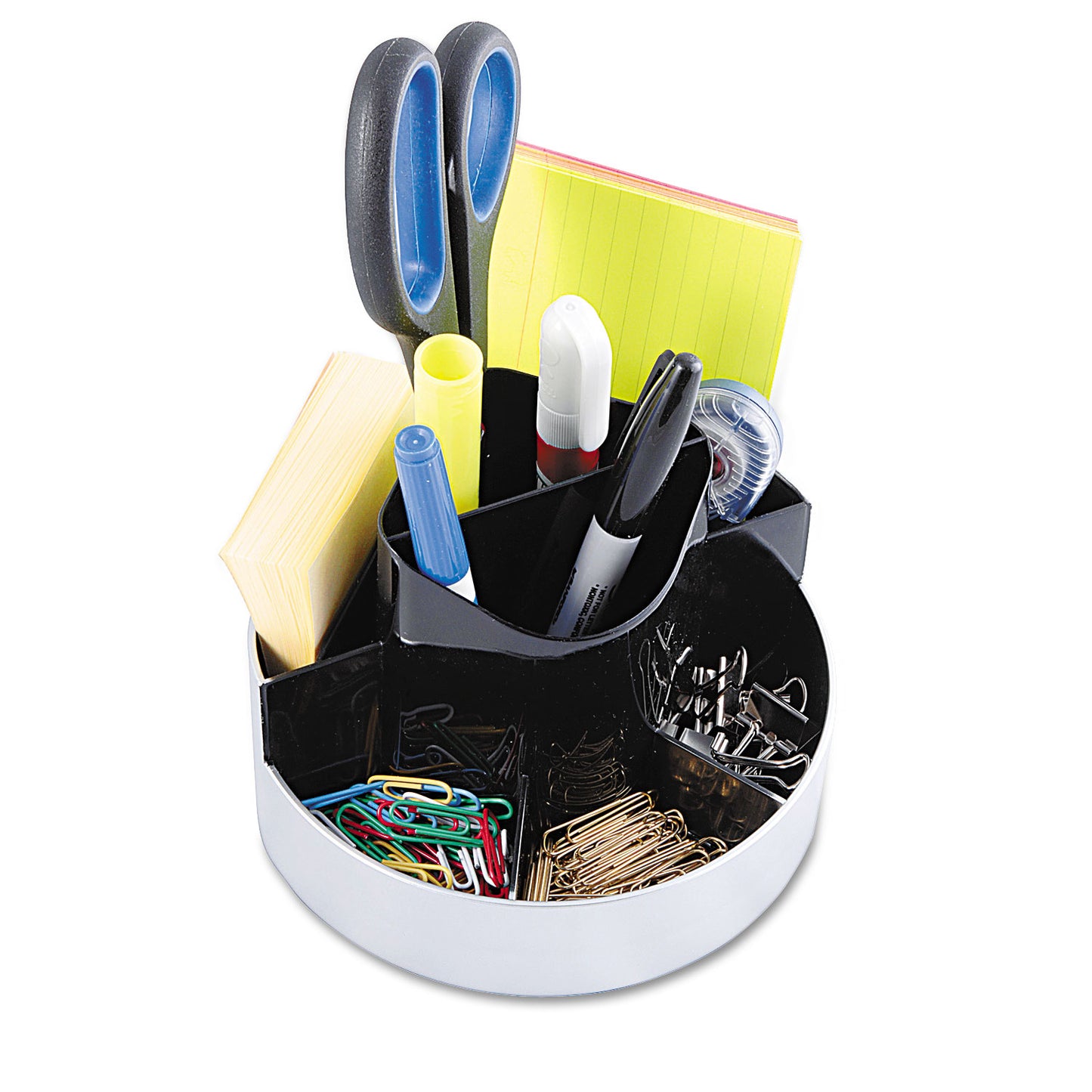 Kantek Rotating Desk Organizer, 8 Compartments, Plastic, 6 x 5.75 x 4.5, Black/Silver (ORG620)