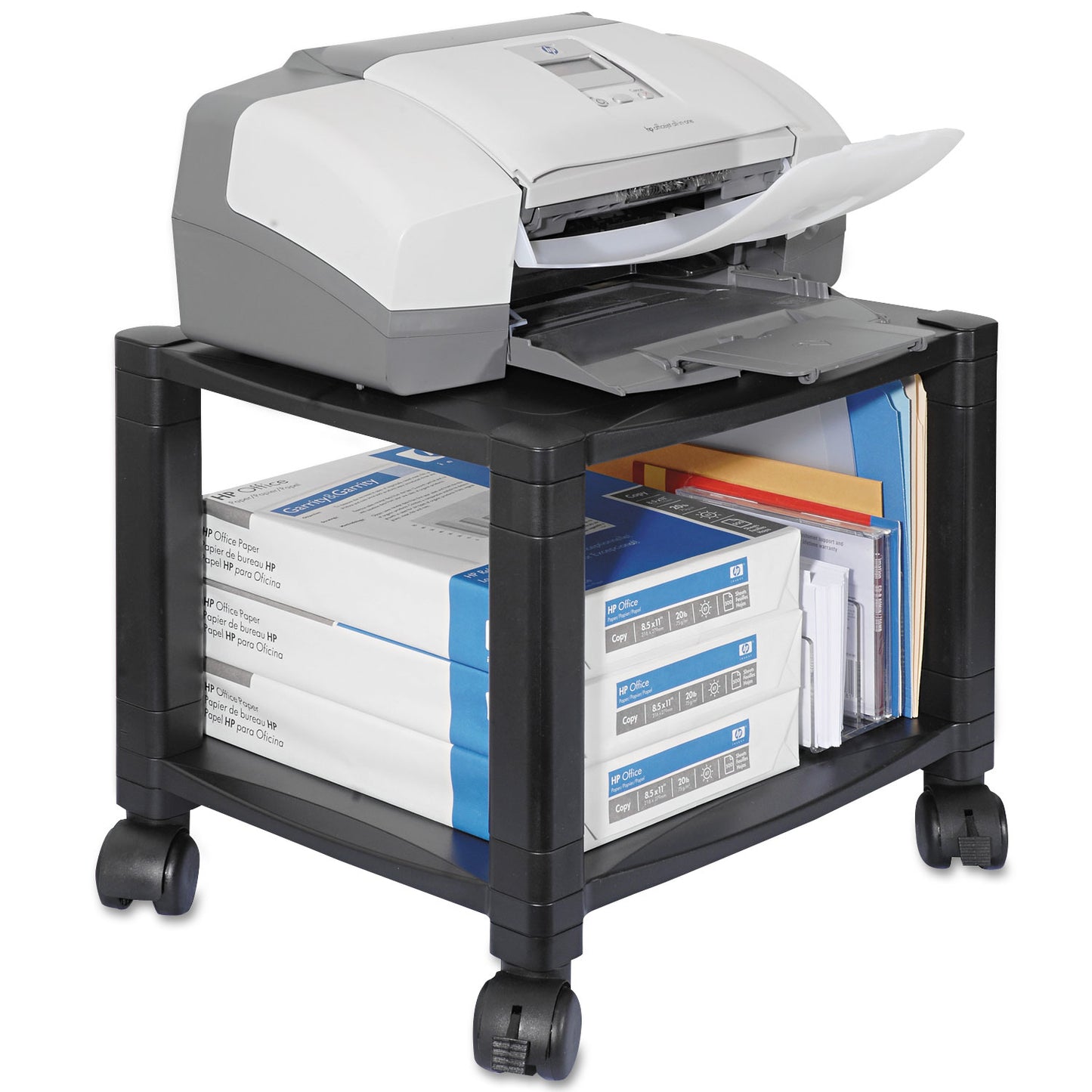 Kantek Height-Adjustable Under-Desk Printer Cart, Plastic, 2 Shelves, 75 lb Capacity, 17" x 13.25" x 14.13", Black (PS510)