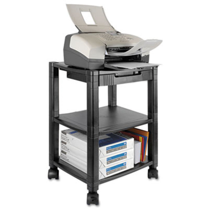 Height-Adjustable Deskside Printer Cart, Plastic, 3 Shelves, 1 Drawer, 75 lb Capacity, 17" x 13.25" x 24.5", Black