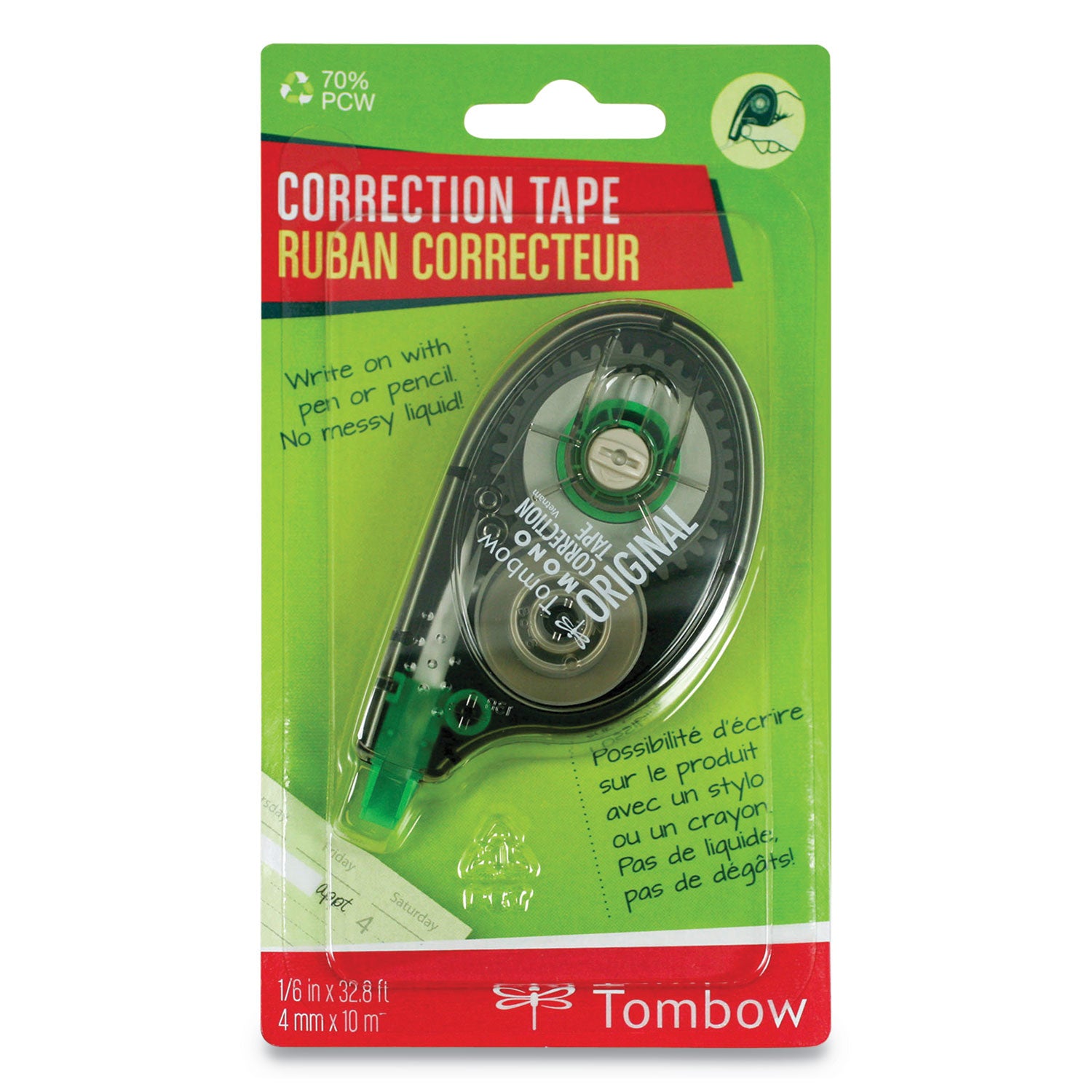 Tombow MONO Correction Tape, Non-Refillable, Gray/Clear Applicator, 0.17" x 394", White Tape (68620)