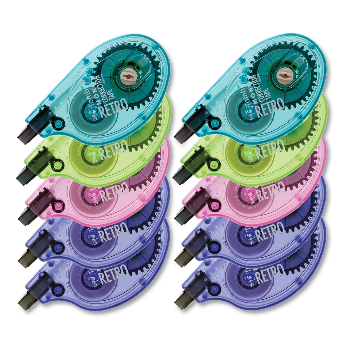 Tombow MONO Original Correction Tape, Assorted RetroColor Applicators, 0.17" x 394", 10/Pack (68723)