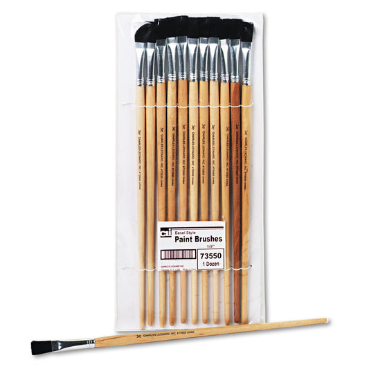 Charles Leonard Long Handle Easel Brush, Size 12, Natural Bristle, Flat Profile, 12/Pack (73550)