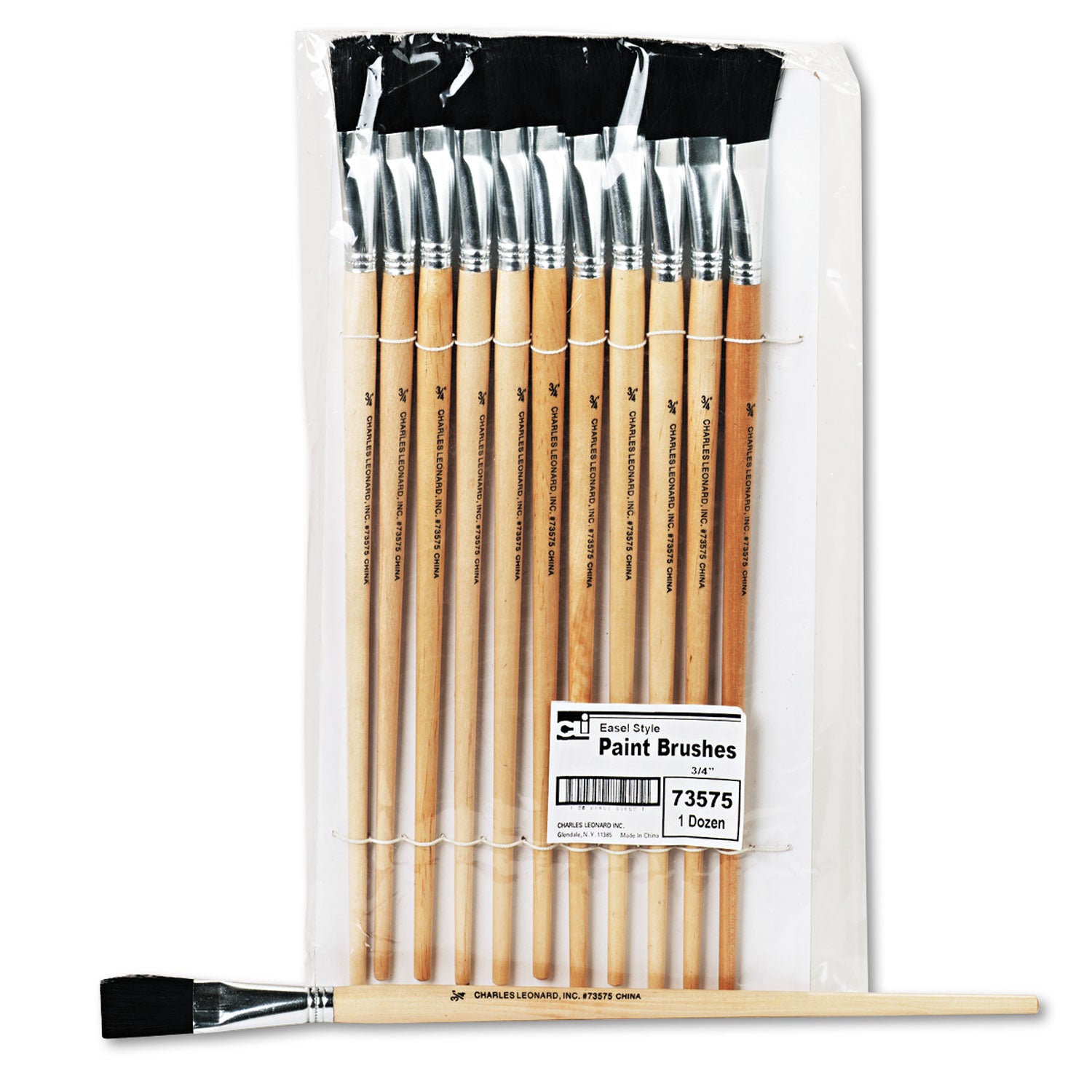 Charles Leonard Long Handle Easel Brush, Size 18, Natural Bristle, Flat Profile, 12/Pack (73575)