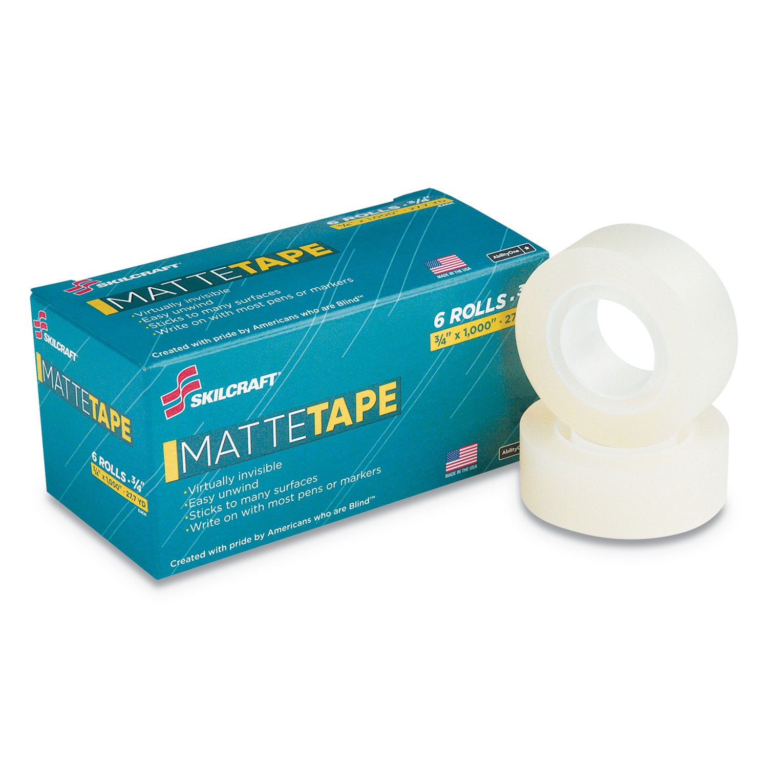 AbilityOne 7510015806226, SKILCRAFT Office Tape Matte Finish, 1" Core, 0.75" x 83.33 ft, Clear, 6/Pack