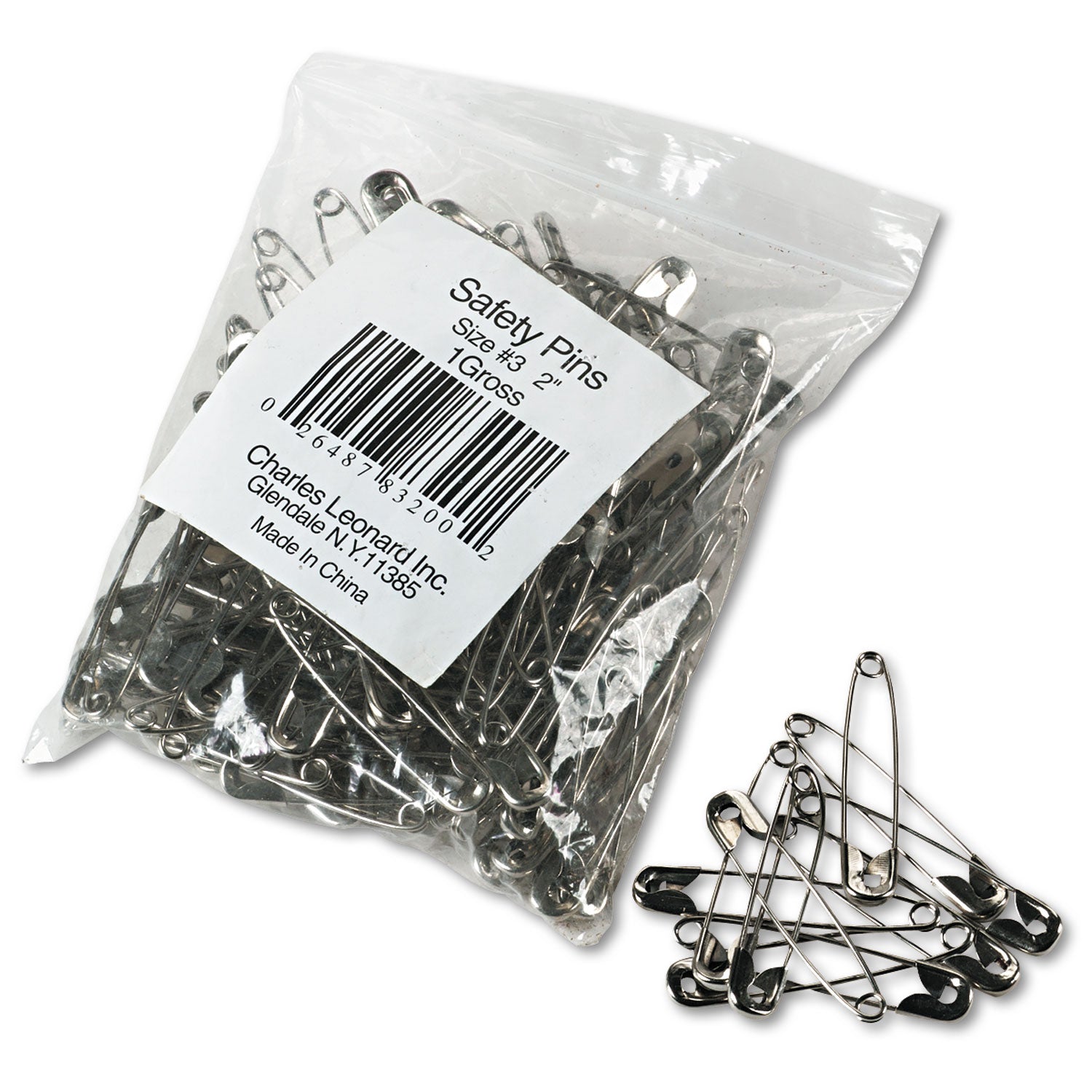 Charles Leonard Safety Pins, Nickel-Plated, Steel, 2" Length, 144/Pack (83200)